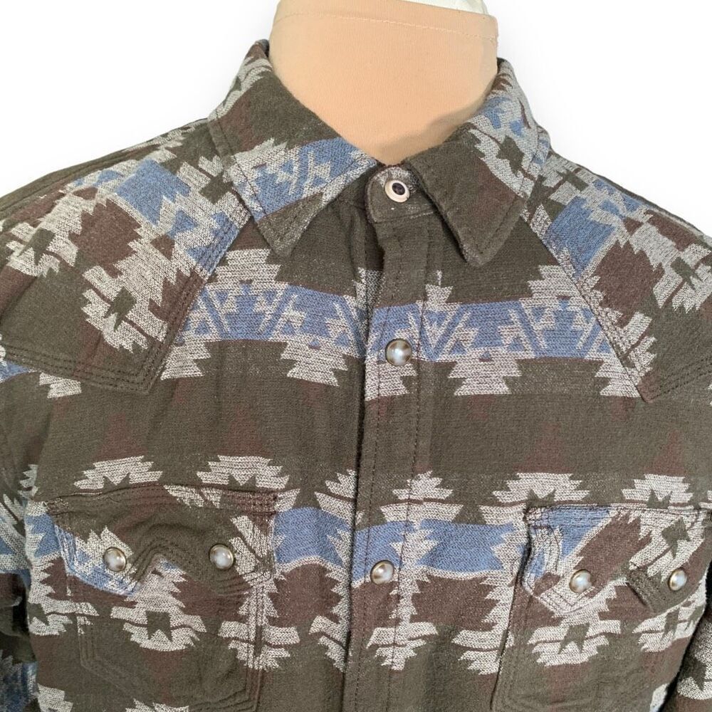 Moonshine Spirit Shirt‎ Brown Blue Snap Front South Western Aztec Print Cowboy